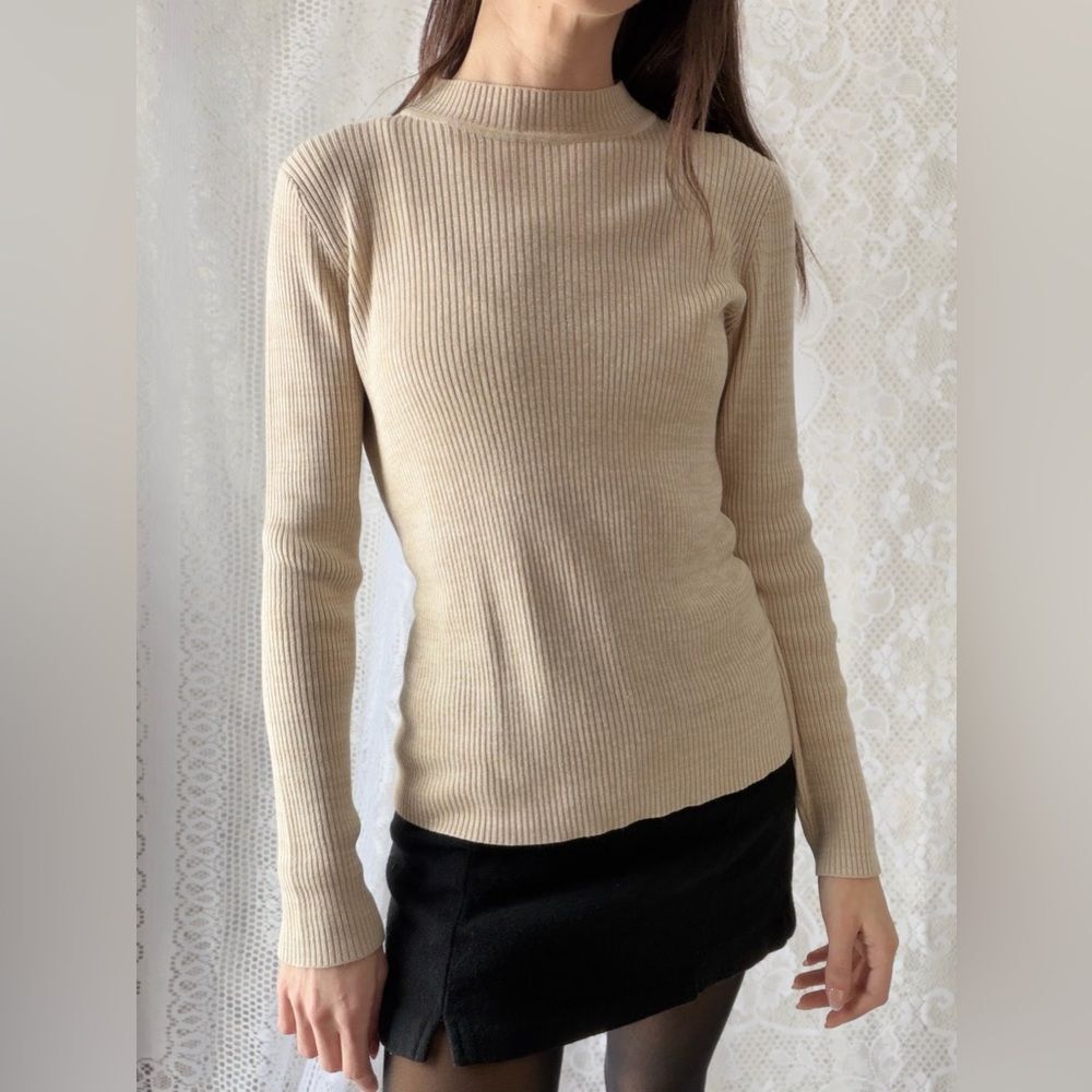 Vintage 90s Ribbed Mock Neck Sweater Sag Harbor Beige - Picture 4 of 12